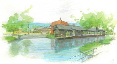 zicht op bibliotheek vanuit het park